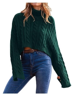 Women's Turtleneck Batwing Long Sleeve Crop Sweater 2023 Fall Chunky Cable Knit Cute Pullover Jumper Tops