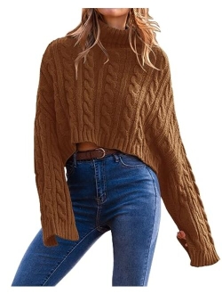 Women's Turtleneck Batwing Long Sleeve Crop Sweater 2023 Fall Chunky Cable Knit Cute Pullover Jumper Tops
