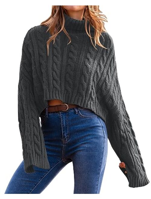 PRETTYGARDEN Women's Turtleneck Batwing Long Sleeve Crop Sweater 2023 Fall Chunky Cable Knit Cute Pullover Jumper Tops