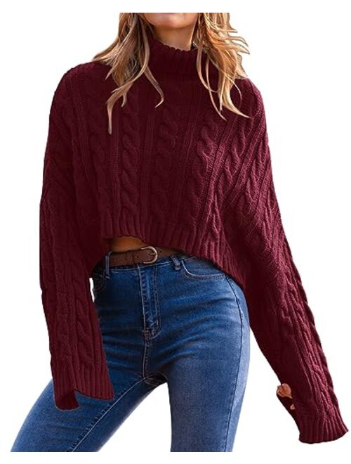 PRETTYGARDEN Women's Turtleneck Batwing Long Sleeve Crop Sweater 2023 Fall Chunky Cable Knit Cute Pullover Jumper Tops