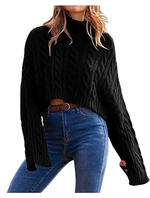 PRETTYGARDEN Women's Turtleneck Batwing Long Sleeve Crop Sweater 2023 Fall Chunky Cable Knit Cute Pullover Jumper Tops