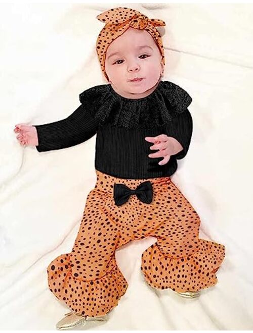 Ribabz Baby Girl Clothes, Baby Clothes Lace Ruffle Long Sleeve Romper + Flared Bell Bottom Pants + Headband 3Pcs Set Fall Outfits