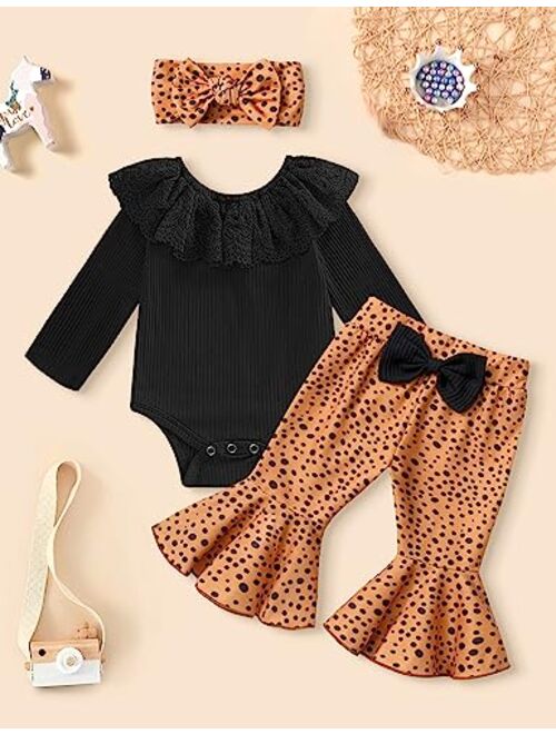 Ribabz Baby Girl Clothes, Baby Clothes Lace Ruffle Long Sleeve Romper + Flared Bell Bottom Pants + Headband 3Pcs Set Fall Outfits