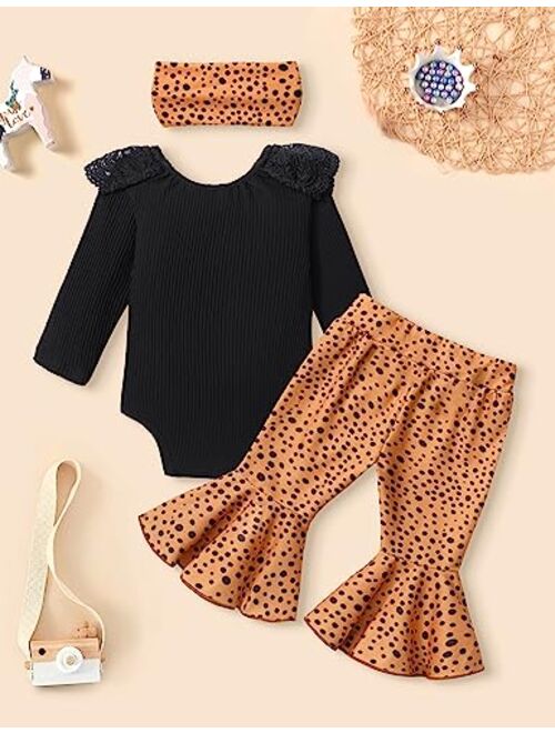 Ribabz Baby Girl Clothes, Baby Clothes Lace Ruffle Long Sleeve Romper + Flared Bell Bottom Pants + Headband 3Pcs Set Fall Outfits