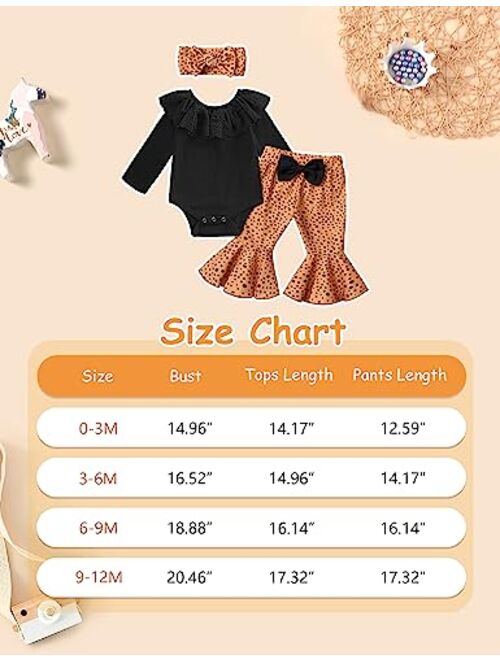 Ribabz Baby Girl Clothes, Baby Clothes Lace Ruffle Long Sleeve Romper + Flared Bell Bottom Pants + Headband 3Pcs Set Fall Outfits