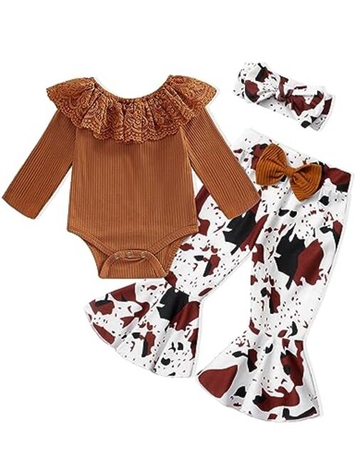 Ribabz Baby Girl Clothes, Baby Clothes Lace Ruffle Long Sleeve Romper + Flared Bell Bottom Pants + Headband 3Pcs Set Fall Outfits