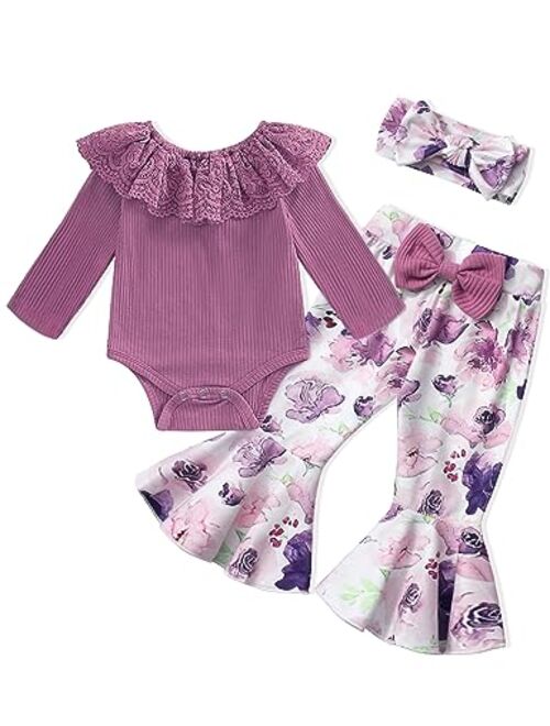 Ribabz Baby Girl Clothes, Baby Clothes Lace Ruffle Long Sleeve Romper + Flared Bell Bottom Pants + Headband 3Pcs Set Fall Outfits