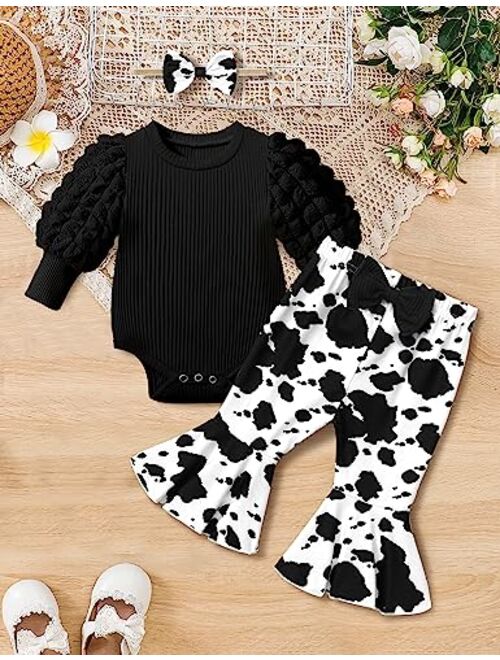 NAPU Newborn Baby Girl Clothes Lantern Long Sleeve Romper Flared Pants Headband 3Pcs Set Fall Winter Outfits