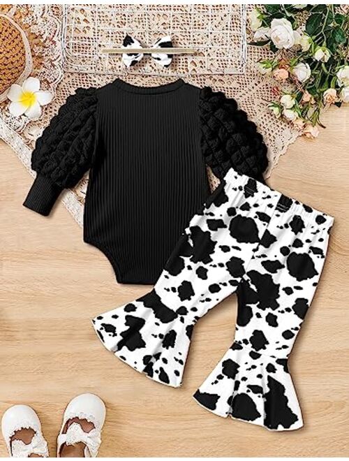 NAPU Newborn Baby Girl Clothes Lantern Long Sleeve Romper Flared Pants Headband 3Pcs Set Fall Winter Outfits