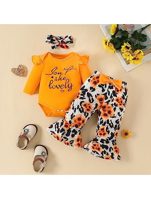 XRjxyushan Baby Girl Fall Outfit Letter Print Long Sleeve Jumpsuit Stretch Waist Leopard Flared Pants Headband 3pcs Clothes