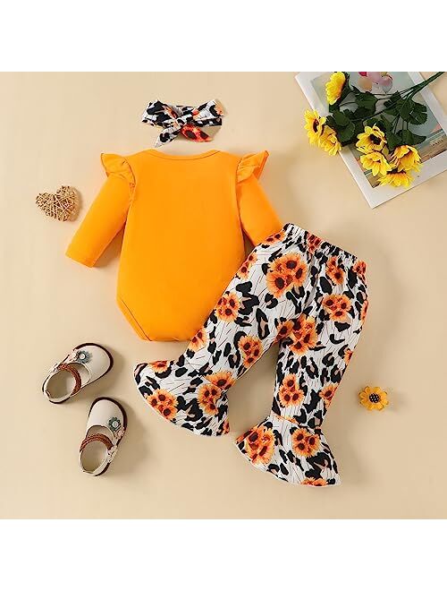 XRjxyushan Baby Girl Fall Outfit Letter Print Long Sleeve Jumpsuit Stretch Waist Leopard Flared Pants Headband 3pcs Clothes