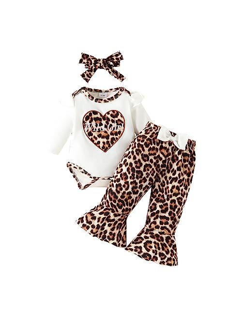 XRjxyushan Baby Girl Fall Outfit Letter Print Long Sleeve Jumpsuit Stretch Waist Leopard Flared Pants Headband 3pcs Clothes