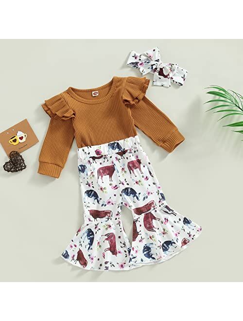 Blotona Baby Girl Fall Winter Clothes Ribbed Ruffle Long Sleeve Romper Cow Print Bell Bottom Pants Set Western Outfits