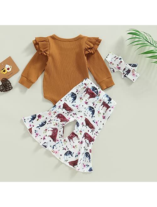 Blotona Baby Girl Fall Winter Clothes Ribbed Ruffle Long Sleeve Romper Cow Print Bell Bottom Pants Set Western Outfits