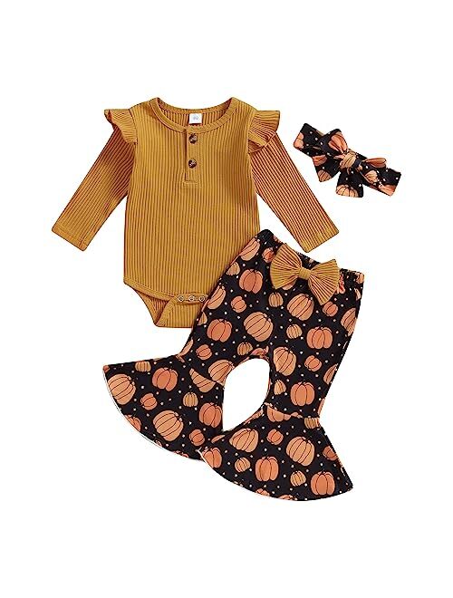 Blotona Baby Girl Fall Winter Clothes Ribbed Ruffle Long Sleeve Romper Cow Print Bell Bottom Pants Set Western Outfits