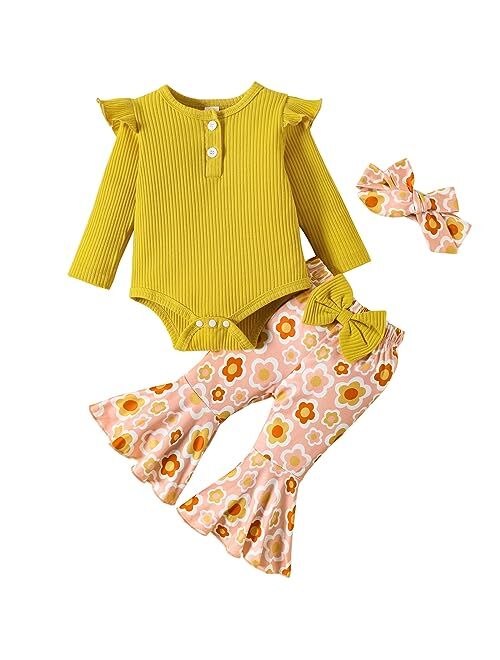 NEOBELLA Newborn Baby Girl Clothes 0-18 Months Long Sleeve Romper and Pants With Headband Infant Girl Fall Winter Outfits