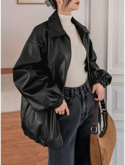 Dazy-Less Drop Shoulder Slant Pocket PU Leather Jacket