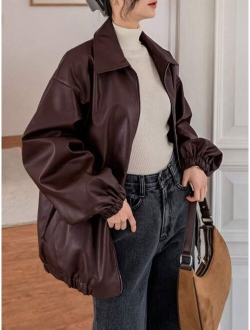 Dazy-Less Drop Shoulder Slant Pocket PU Leather Jacket