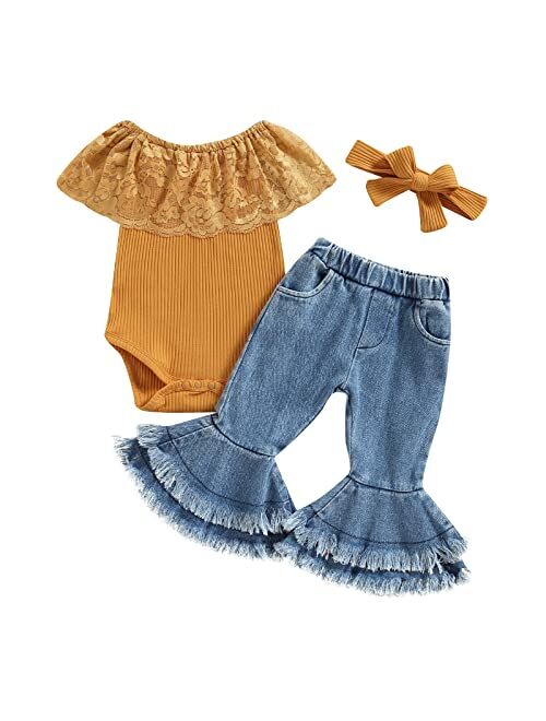 fhutpw Newborn Baby Girl Clothes Infant Rib Frill Long Sleeve Romper Flared Pants Headband Set 3pcs Fall Winter Outfits