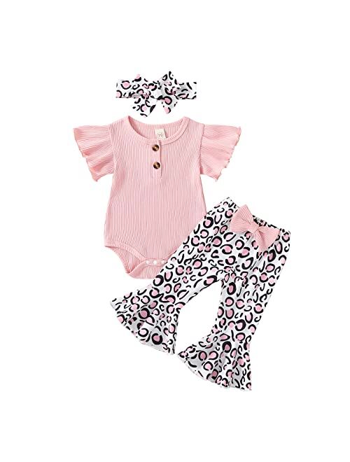 fhutpw Newborn Baby Girl Clothes Infant Rib Frill Long Sleeve Romper Flared Pants Headband Set 3pcs Fall Winter Outfits