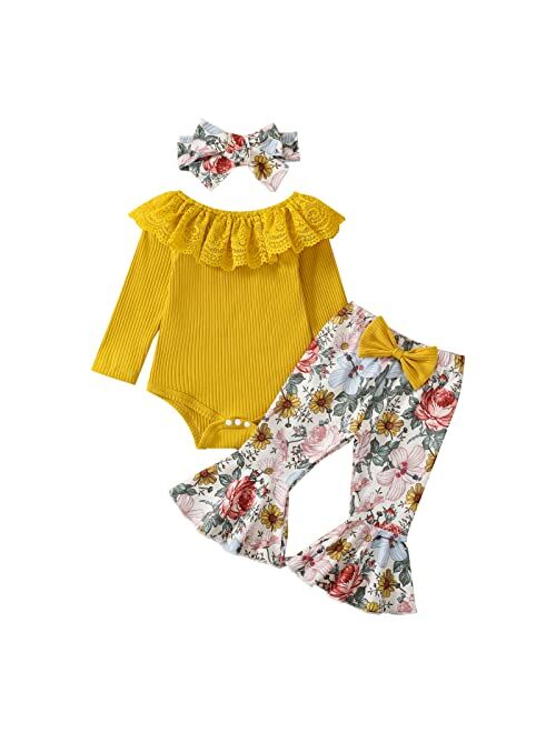 fhutpw Newborn Baby Girl Clothes Infant Rib Frill Long Sleeve Romper Flared Pants Headband Set 3pcs Fall Winter Outfits