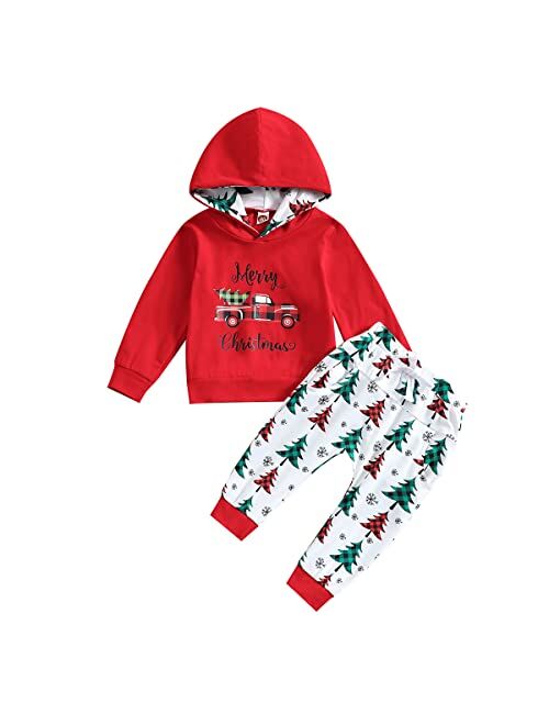 Ritatte Toddler Baby Boy Christmas Outfits Truck Long Sleeve Hoodie Sweatshirt Xmas Tree Pant 2Pcs Fall Winter Clothes Set