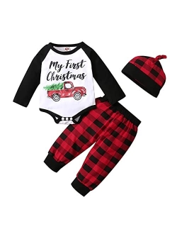 Sinhoon My First Christmas Outfit Baby Boy Long Sleeve Truck Rompers Xmas Plaid Pants Hat Clothes Set