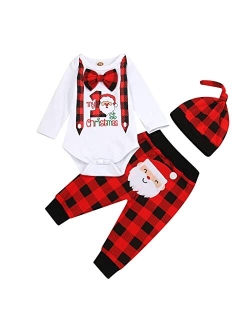 Sinhoon My First Christmas Outfit Baby Boy Long Sleeve Truck Rompers Xmas Plaid Pants Hat Clothes Set