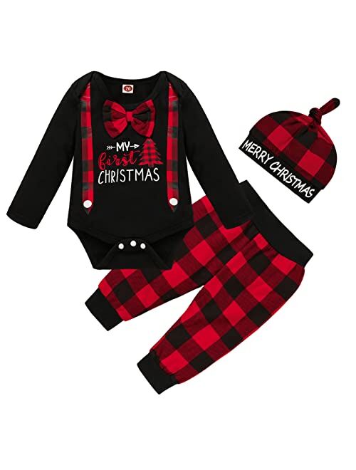 Sinhoon My First Christmas Outfit Baby Boy Long Sleeve Truck Rompers Xmas Plaid Pants Hat Clothes Set