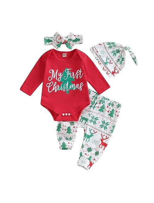 Fybitbo My First Christmas Baby Girl Boy Outfits Newborn Long Sleeve Romper Onesie Pants Hat Winter Christmas Clothes Set