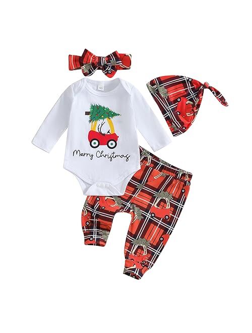 Fybitbo My First Christmas Baby Girl Boy Outfits Newborn Long Sleeve Romper Onesie Pants Hat Winter Christmas Clothes Set