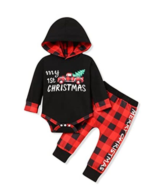 bilison My 1st Christmas Infant Baby Boy Outfits Set Newborn Boy Hoodies Sweatshirt Red Plaid Romper+Pant clothing Set