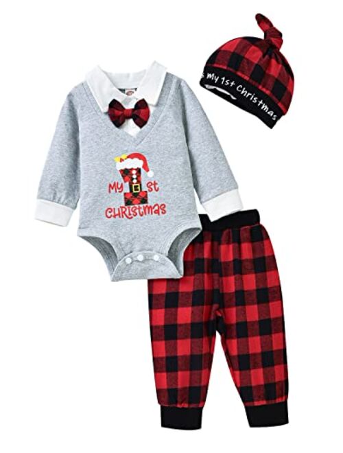 fioukiay Newborn Baby Boys Christmas Outfits Infant My First Christmas Buffalo Clothes Set Kids Xmax Romper with Pants