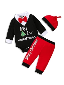 VINUOKER Infant Baby Gentleman Clothes Set First Christmas Outfit Xmas Santa Baby Jumpsuit Romper 3pc Cotton Outfit Set