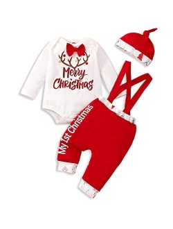 VINUOKER Infant Baby Gentleman Clothes Set First Christmas Outfit Xmas Santa Baby Jumpsuit Romper 3pc Cotton Outfit Set