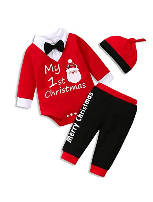 VINUOKER Infant Baby Gentleman Clothes Set First Christmas Outfit Xmas Santa Baby Jumpsuit Romper 3pc Cotton Outfit Set