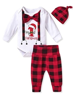 fioukiay Newborn Baby Boy My First Chirstmas Clothes Long Sleeve Bodysuit Romper Buffalo Plaid Pants Outfit Sets