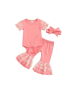 Madjtlqy Baby Girls Bell Bottoms 3Pcs Daisy Outfits Mesh Patchwork Playsuit Flared Pants Headband