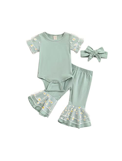 Madjtlqy Baby Girls Bell Bottoms 3Pcs Daisy Outfits Mesh Patchwork Playsuit Flared Pants Headband