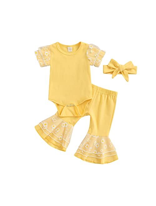 Madjtlqy Baby Girls Bell Bottoms 3Pcs Daisy Outfits Mesh Patchwork Playsuit Flared Pants Headband