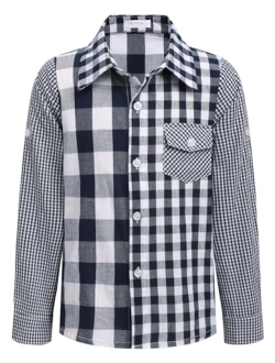 Boy's Plaid Button Down Shirt Long Sleeve Roll Up Casual Shirts with Pocket 4-11 Years