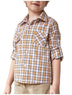 Boy's Plaid Button Down Shirt Long Sleeve Roll Up Casual Shirts with Pocket 4-11 Years