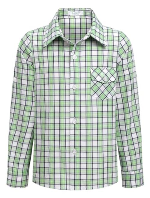 Arshiner Boy's Plaid Button Down Shirt Long Sleeve Roll Up Casual Shirts with Pocket 4-11 Years