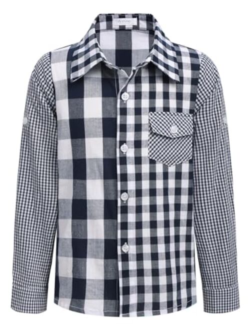 Arshiner Boy's Plaid Button Down Shirt Long Sleeve Roll Up Casual Shirts with Pocket 4-11 Years