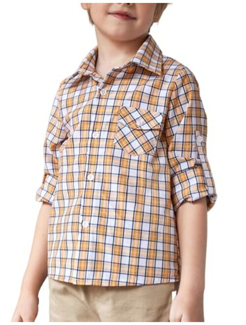 Arshiner Boy's Plaid Button Down Shirt Long Sleeve Roll Up Casual Shirts with Pocket 4-11 Years