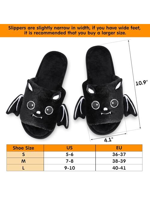 Vansolinne Halloween Slippers Bat Soft Plush Open Toe Fuzzy Slippers for Women Ladies Indoor Outdoor Cute Halloween Black Shoes Cozy Fall Winter Gifts for Her