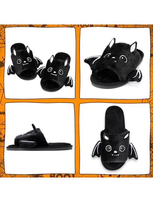 Vansolinne Halloween Slippers Bat Soft Plush Open Toe Fuzzy Slippers for Women Ladies Indoor Outdoor Cute Halloween Black Shoes Cozy Fall Winter Gifts for Her