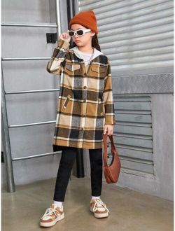 Tween Girl Plaid Print Hooded Neck Dual Pocket Coat