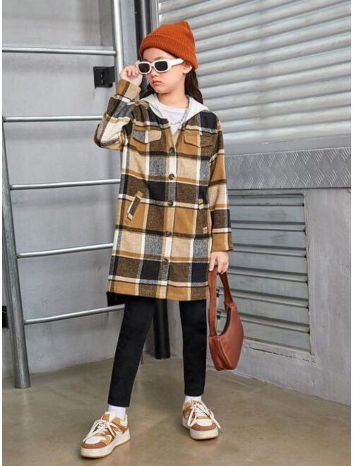 SHEIN Tween Girl Plaid Print Hooded Neck Dual Pocket Coat