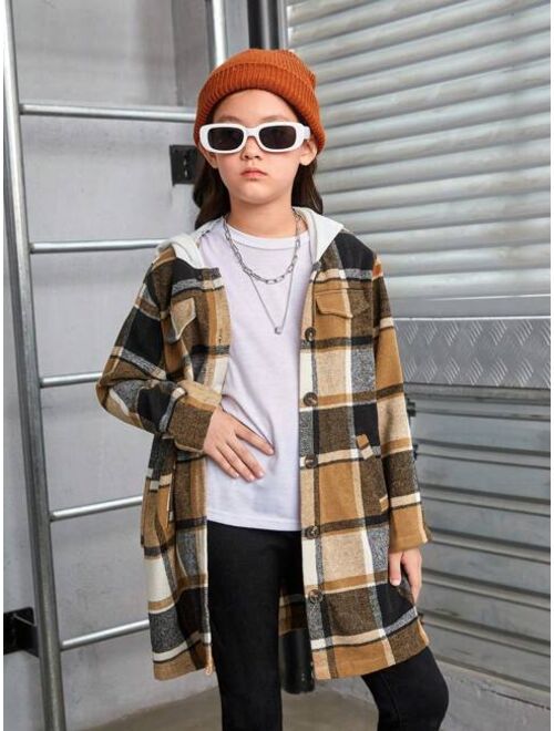 SHEIN Tween Girl Plaid Print Hooded Neck Dual Pocket Coat